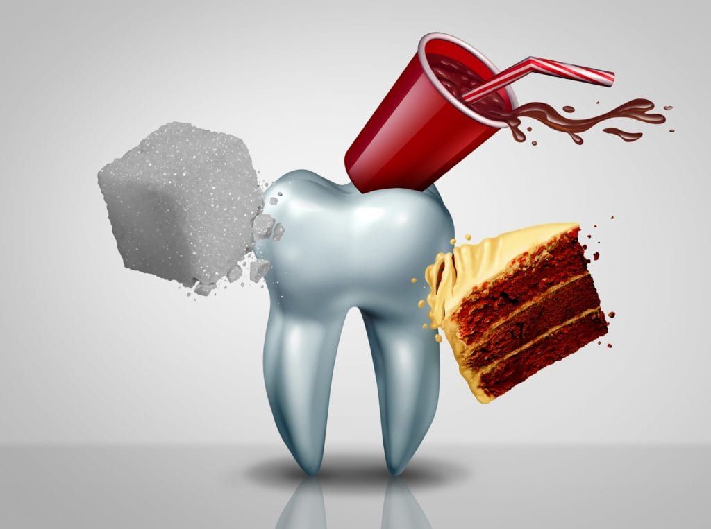 Giant tooth being attacked by sugar cube, cake, and soda